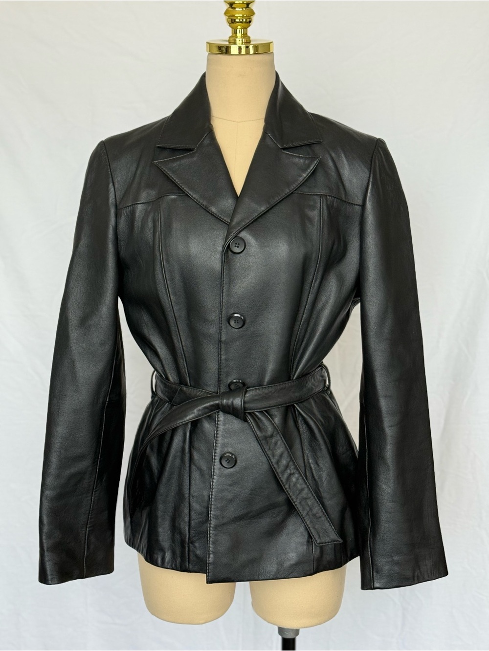 Vintage Short Black Genuine Leather Belted Jacket